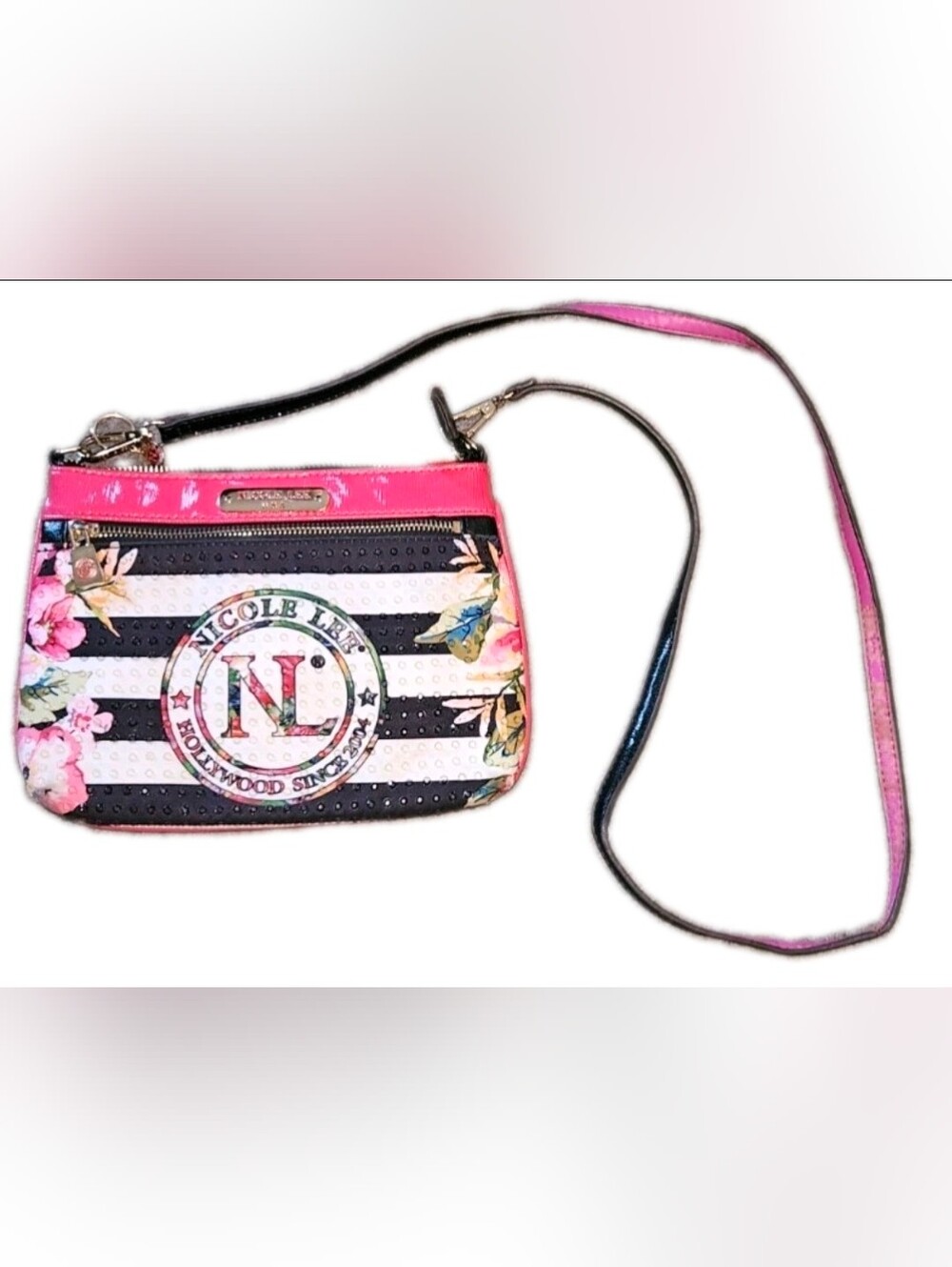 Nicole Lee Hollywood Crossbody Bag - Black Pink Stripe Floral